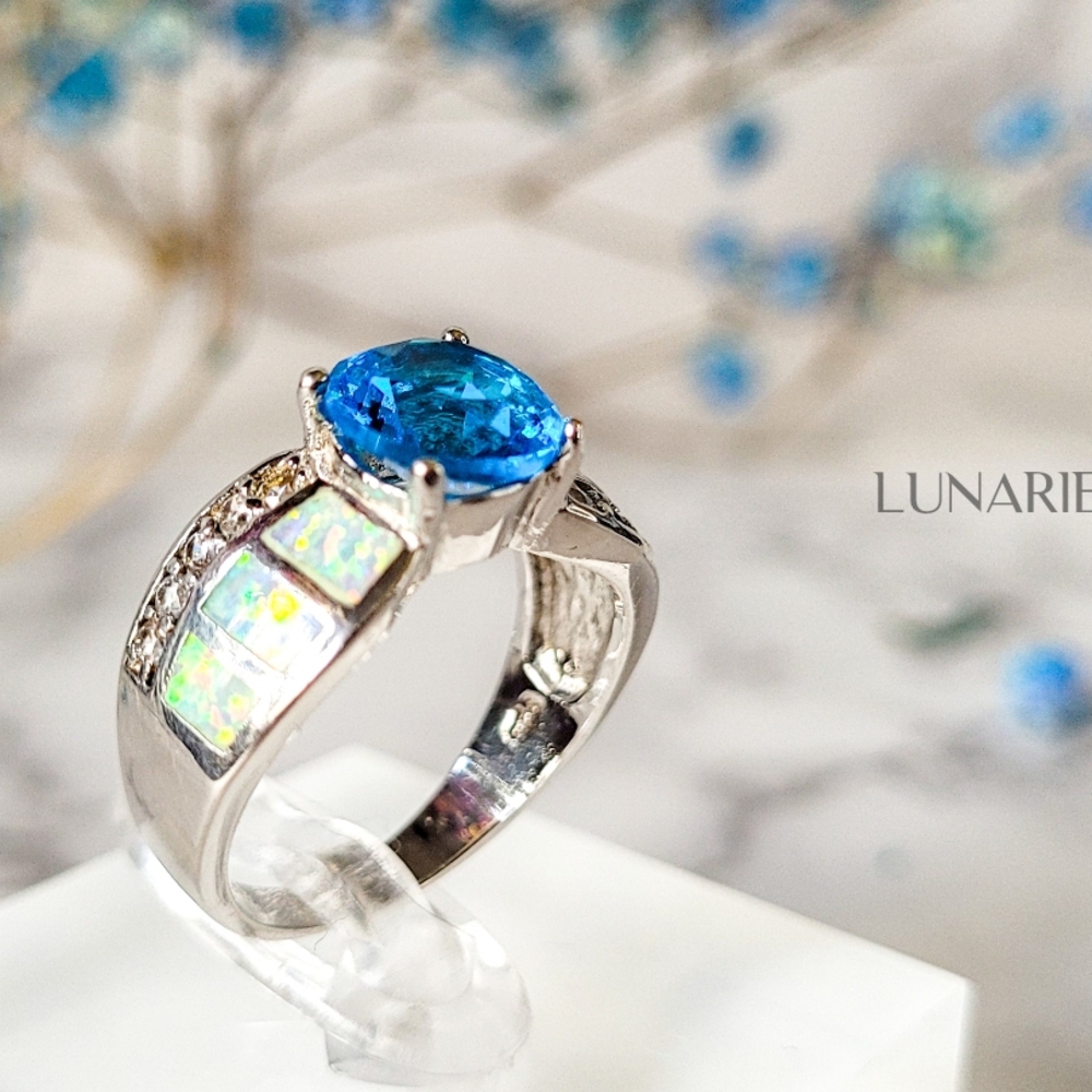 925 Sterling Silver Blue CZ & Opal Inlay Ring, Statement Jewelry Size 7